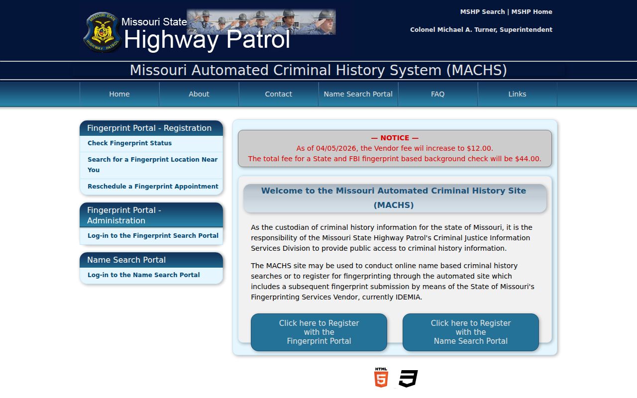 Stoddard County criminal history fingerprint registration through MACHS
