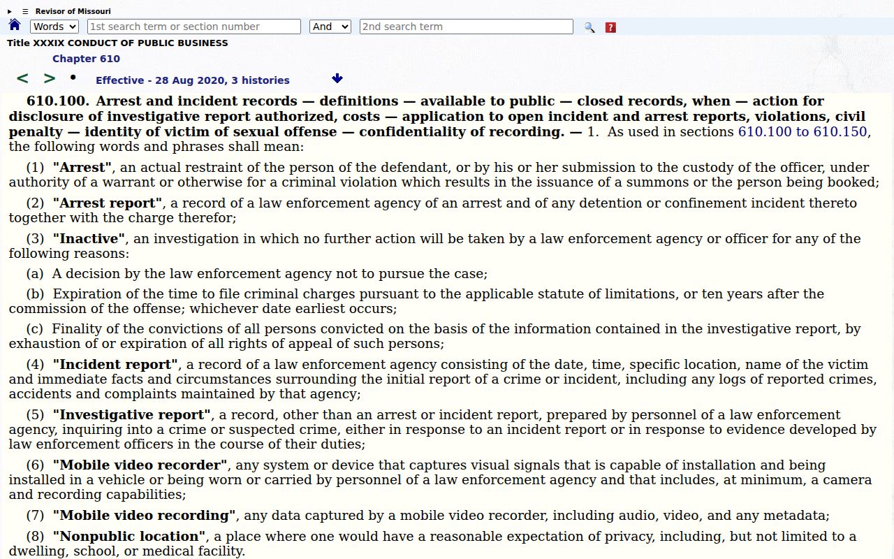 Missouri law governing Stoddard County arrest and incident records