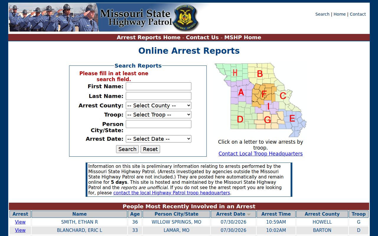 Stoddard County arrest search through MSHP Online Arrest Reports