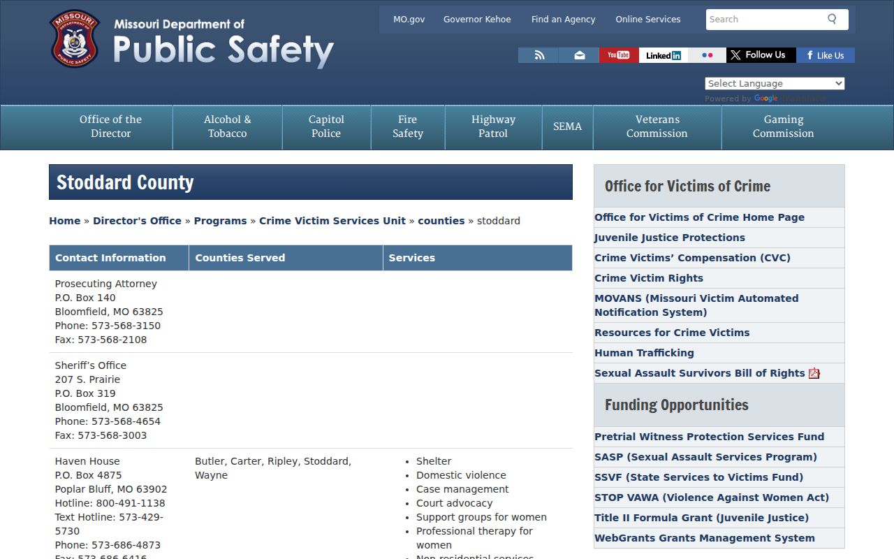 Stoddard County arrest records sheriff and prosecutor contact directory